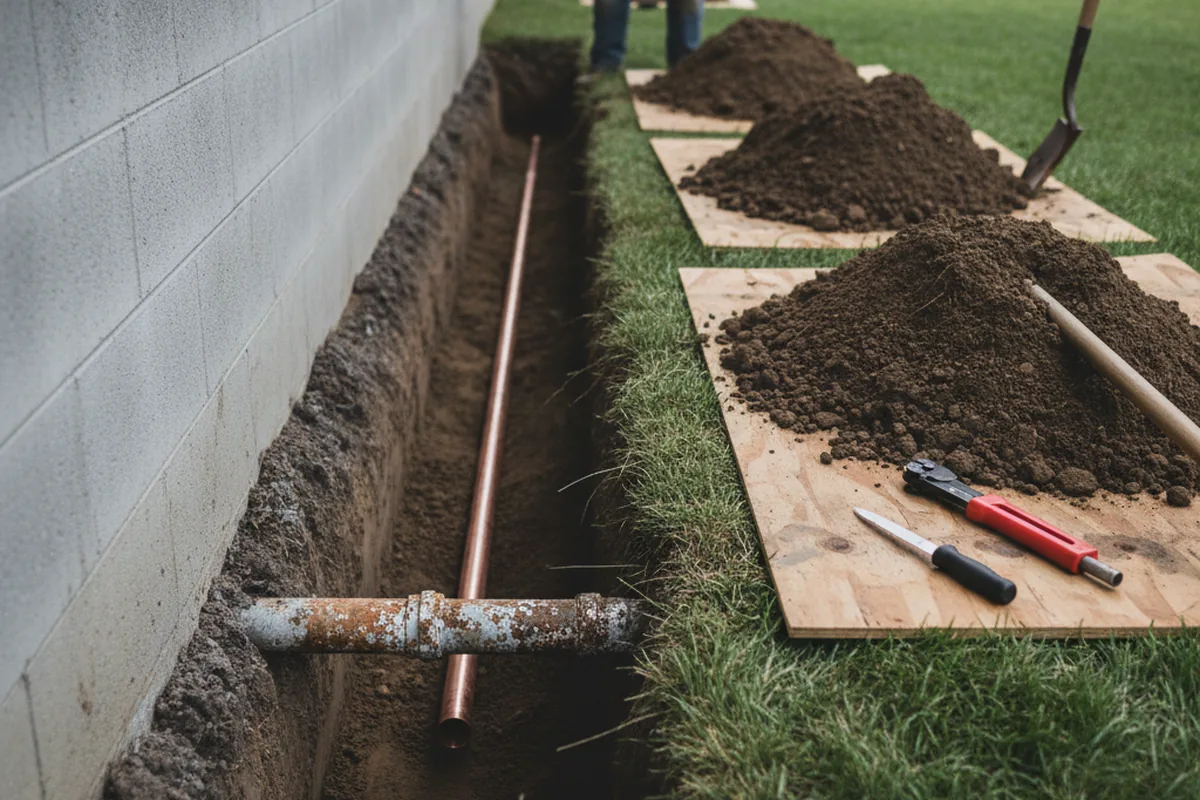 Excavated water line trench during Water Softener Installation in Normal